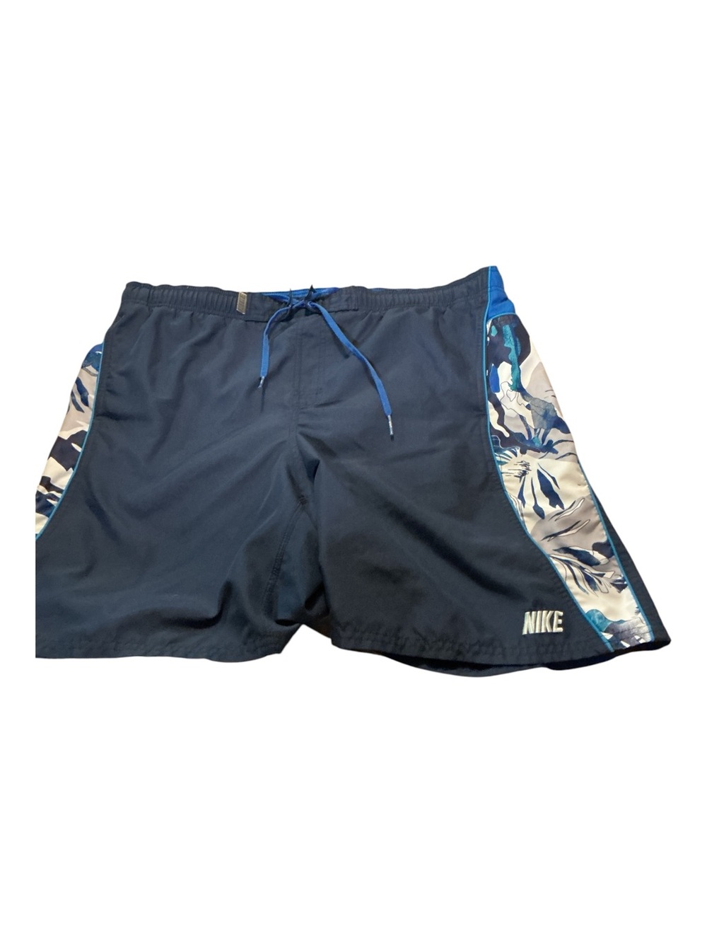 Nike Men's Dark Blue Swim Trunks with Blue Floral Side Panels